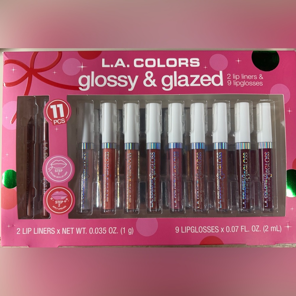 L.A. Colors Glossy & Glazed Lip Gloss 11 Piece Set - Red, Pink, Brown Shades